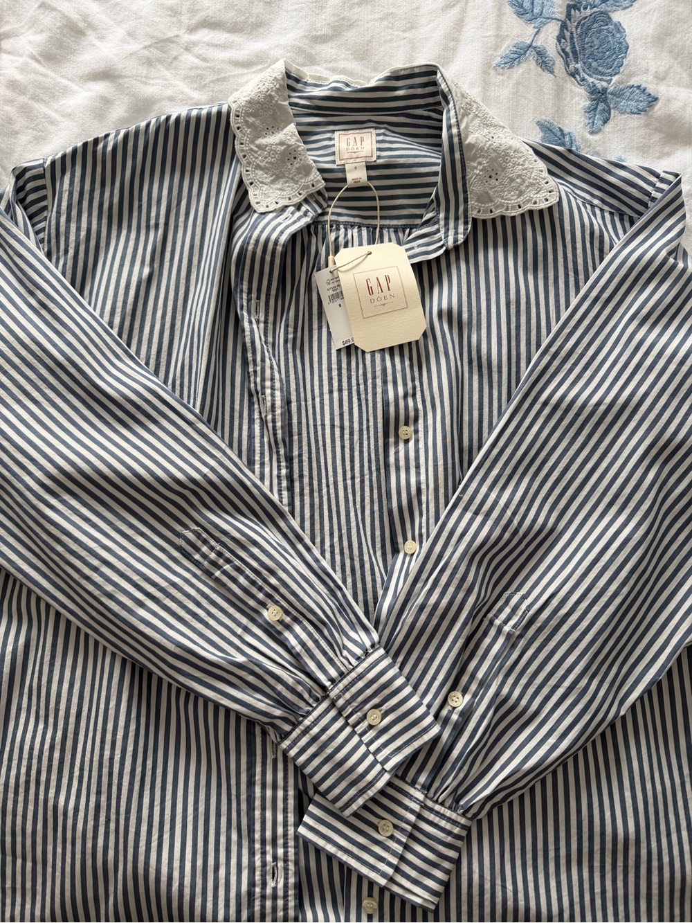 NWT GAP x DOEN Blue and White Striped Cotton Button-Up Shirt with Lace Collar
